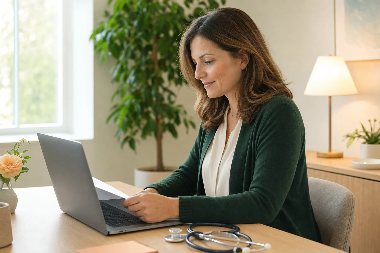A clinician reading a document on a laptop in a small practice office