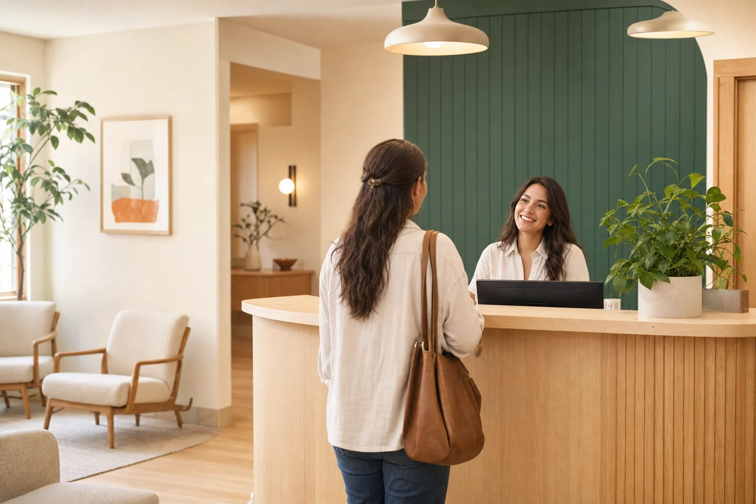 A receptionist greeting a visitor at the front desk of a small medical practice