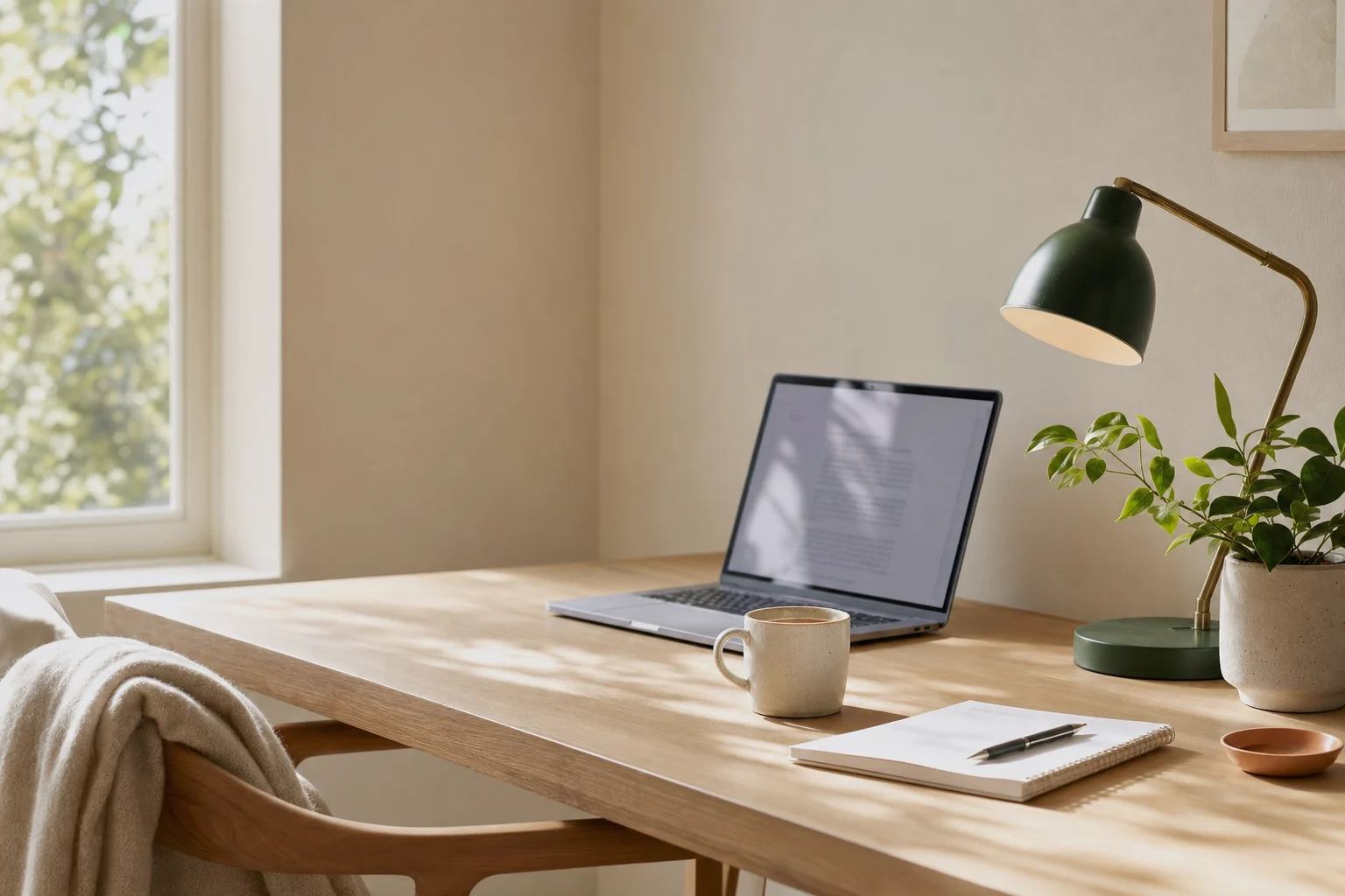 A tidy desk with a laptop, a notebook and a cup of coffee in morning light